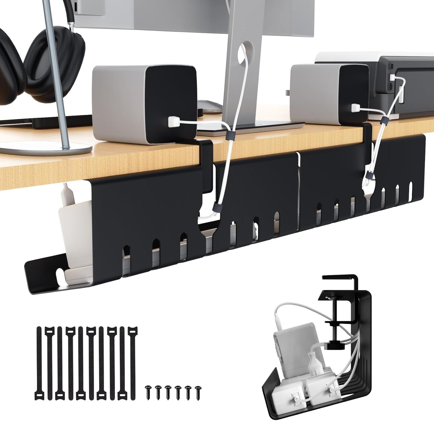 Syeeiex 17" Under Desk Cable Management Tray, No-Drill C-Clamp & Screw Mount, Heavy Duty Metal Cord Organizer with Cable Ties, for Office Home Workspace, Black
