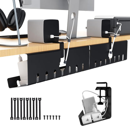 Syeeiex 17" Under Desk Cable Management Tray, No-Drill C-Clamp & Screw Mount, Heavy Duty Metal Cord Organizer with Cable Ties, for Office Home Workspace, Black