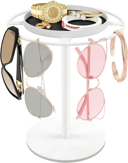 LSK Metal Sunglasses Organizer, Glasses Holder Stand with Storage Tray, Eyeglasses Holder with Anti-Slip Pads for Tabletop, Desk, Dresser, Matte Black