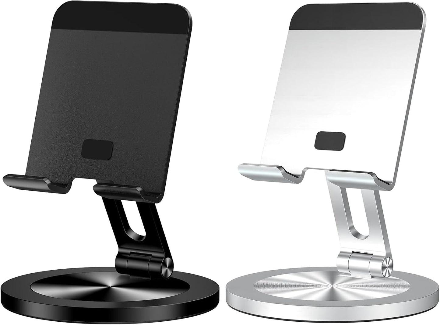 Phone Stand for Desk, 360° Rotating Dual Adjustable Foldable Holder, Heavy Solid All-Aluminum Base Anti-Slip Stable Support for Home Office Study, Fits iPhone Galaxy 4-8" Phones (Silver)