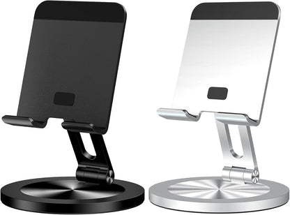 Phone Stand for Desk, 360° Rotating Dual Adjustable Foldable Holder, Heavy Solid All-Aluminum Base Anti-Slip Stable Support for Home Office Study, Fits iPhone Galaxy 4-8" Phones (Silver)