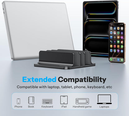 OMOTON Vertical Laptop Stand [Updated Double Version], Desktop Aluminum Mac Book Stand with Adjustable Dock Size, Fits All Mac Book, Surface, Chrome Book and Gaming Laptops (Up to 17.3 inch) (Black)