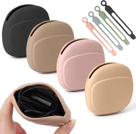 4 PCS Headphone Organizer and Silicone Cable Ties, Silicone Pouch for Storing Earbuds/USB Flash Drive/Keys/Mini Lipstick Cord Winder Holder Keeper Manager Management for Home or Workplace