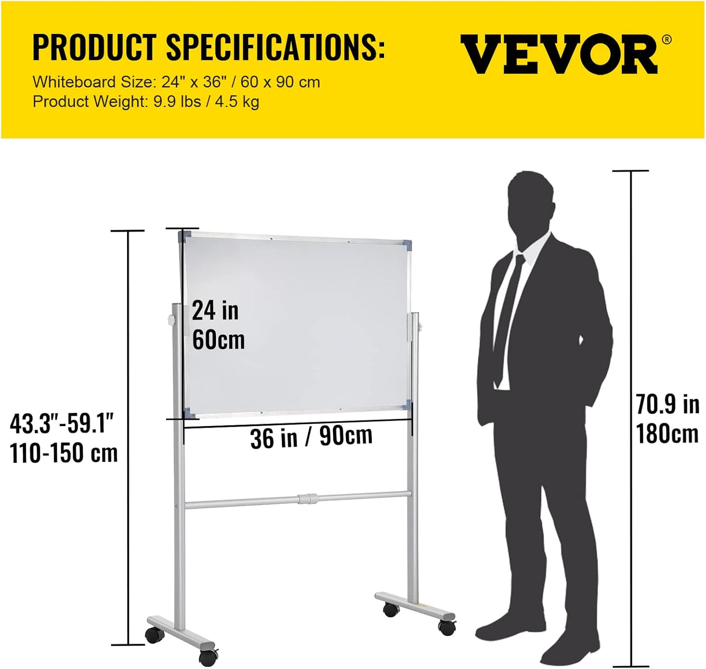 VEVOR Magnetic Glass Whiteboard, Dry Erase Board 36"x24", Wall-Mounted Large White Glassboard Frameless, with Marker Tray, an Eraser and 2 Markers, Black