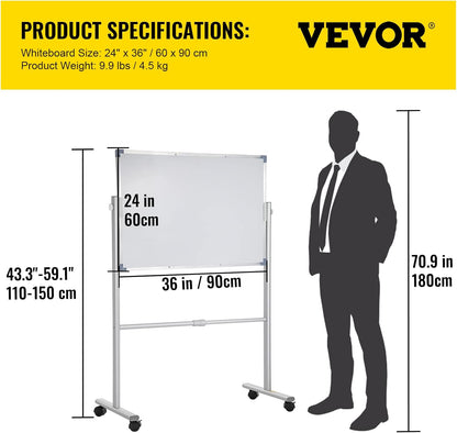 VEVOR Magnetic Glass Whiteboard, Dry Erase Board 36"x24", Wall-Mounted Large White Glassboard Frameless, with Marker Tray, an Eraser and 2 Markers, Black