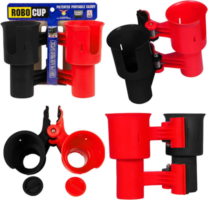 ROBOCUP, (White), Patented Clamp On Boat Cup Holder |Multifunction Dual Drink Caddy for Fishing Poles, Tools, Net, Gaff |Portable Storage for Boating, Beach, Umbrellas, Golf Carts, Strollers