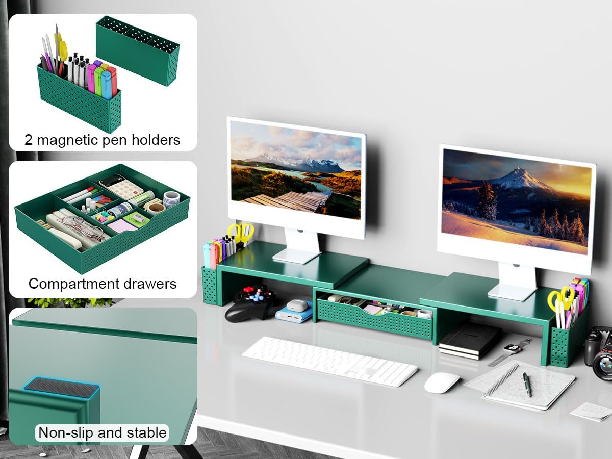 Spacrea Metal Desk Organizers and Accessories, Dual Monitor Stand Riser with Drawer and 2 Pen Holders, Desk Accessories & Workspace Desktop Organizers for Office Supplies (Wood)