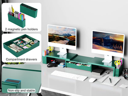 Spacrea Metal Desk Organizers and Accessories, Dual Monitor Stand Riser with Drawer and 2 Pen Holders, Desk Accessories & Workspace Desktop Organizers for Office Supplies (Wood)