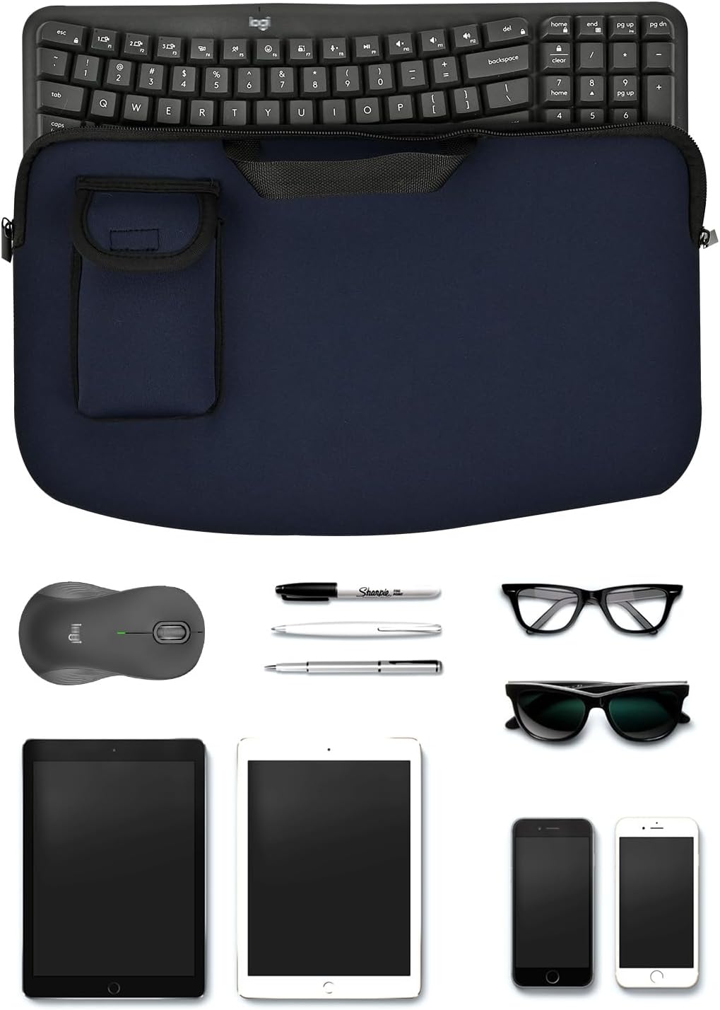 Portable Keyboard Travel Bag Shockproof Waterproof Dustproof Protective Neoprene Sleeve Compatible with Logitech Wave Keys Wavy Keyboard MK670 /Wireless Ergonomic Keyboards Mouse Combo (Black)