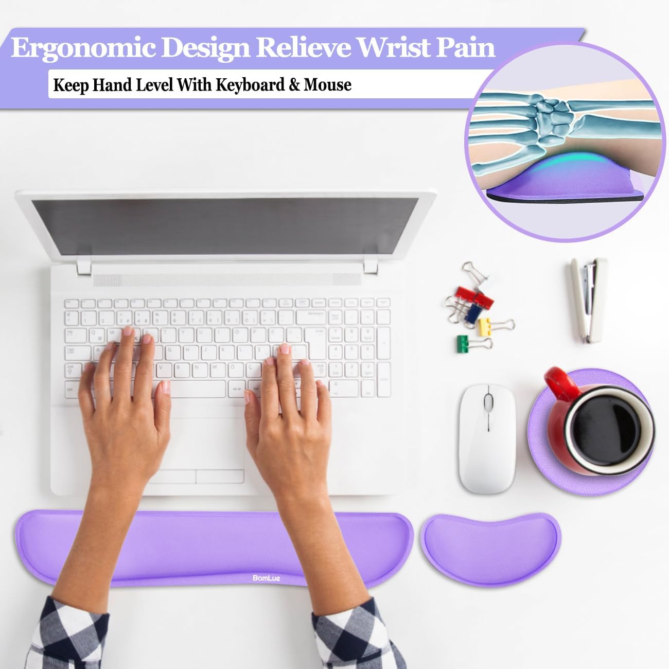 Keyboard Wrist Rest, BamLue Memory Foam Pad Set for Easy Typing & Pain Relief for Laptop, Office & Home, Ergonomic Sets for Keyboard, Gel Mouse Wrist Rest, Smooth Fiber Cushion Wrist Support-Black