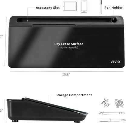 Vivo Glass 16 x 7 inch Dry Erase Board with Storage, Desktop Whiteboard Organizer with Hidden Compartments and Device Slot, Black, DESK-WB16B