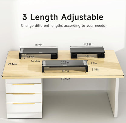 OImaster Adjustable Monitor Stand Riser with Drawer - Foldable Computer Stand for Desk, Desktop Organizer with Phone Holder & Pen Slot, Space Saving Laptop Riser for Home Office, Black