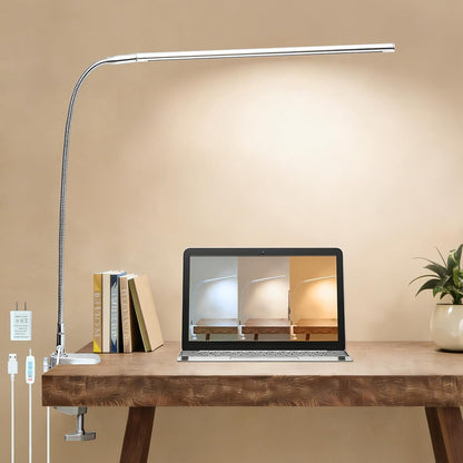 Space Aluminum LED Desk Lamp with Clamp, Clip on Light for Reading Study Desk Light 3 Modes 10 Brightness Flexible Gooseneck with USB Adapter Table Lamp for Home Office Computer Nail Work