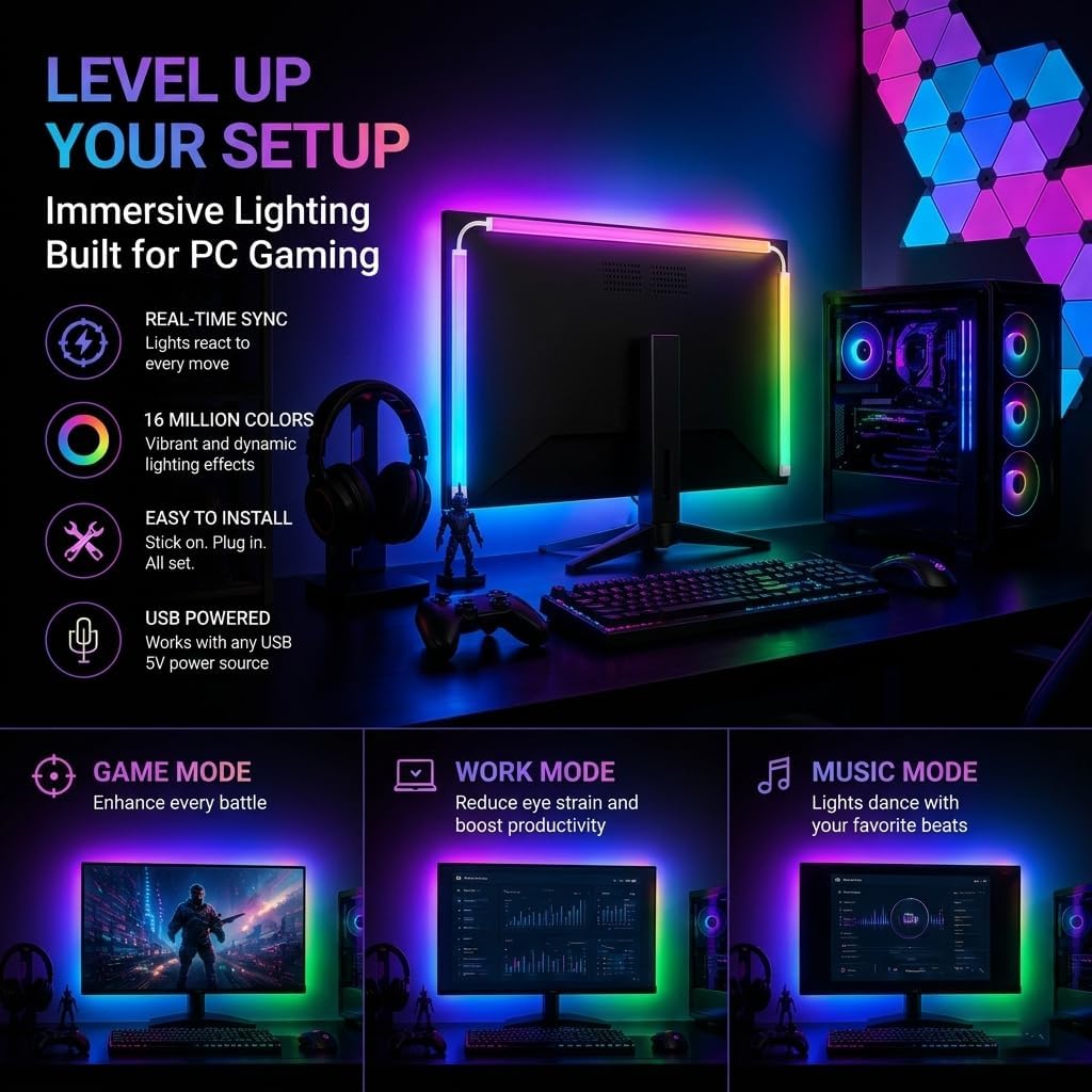 RGB Monitor Backlight with Screen Sync for 32 Inch Screens, Dual USB Powered LED Ambient Lighting Kit, Music Rhythm & Dynamic Modes, Immersive Bias Lighting for Home Office Gaming (4 Sides - 32 inch)
