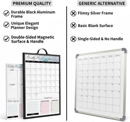 Black Magnetic Dry Erase Whiteboard 12 x 16 Double Sided, Portable Planner Board with Weekly Monthly Sheets, Write and Wipe to Do List Board, Includes 3 Markers Eraser 2 Magnets