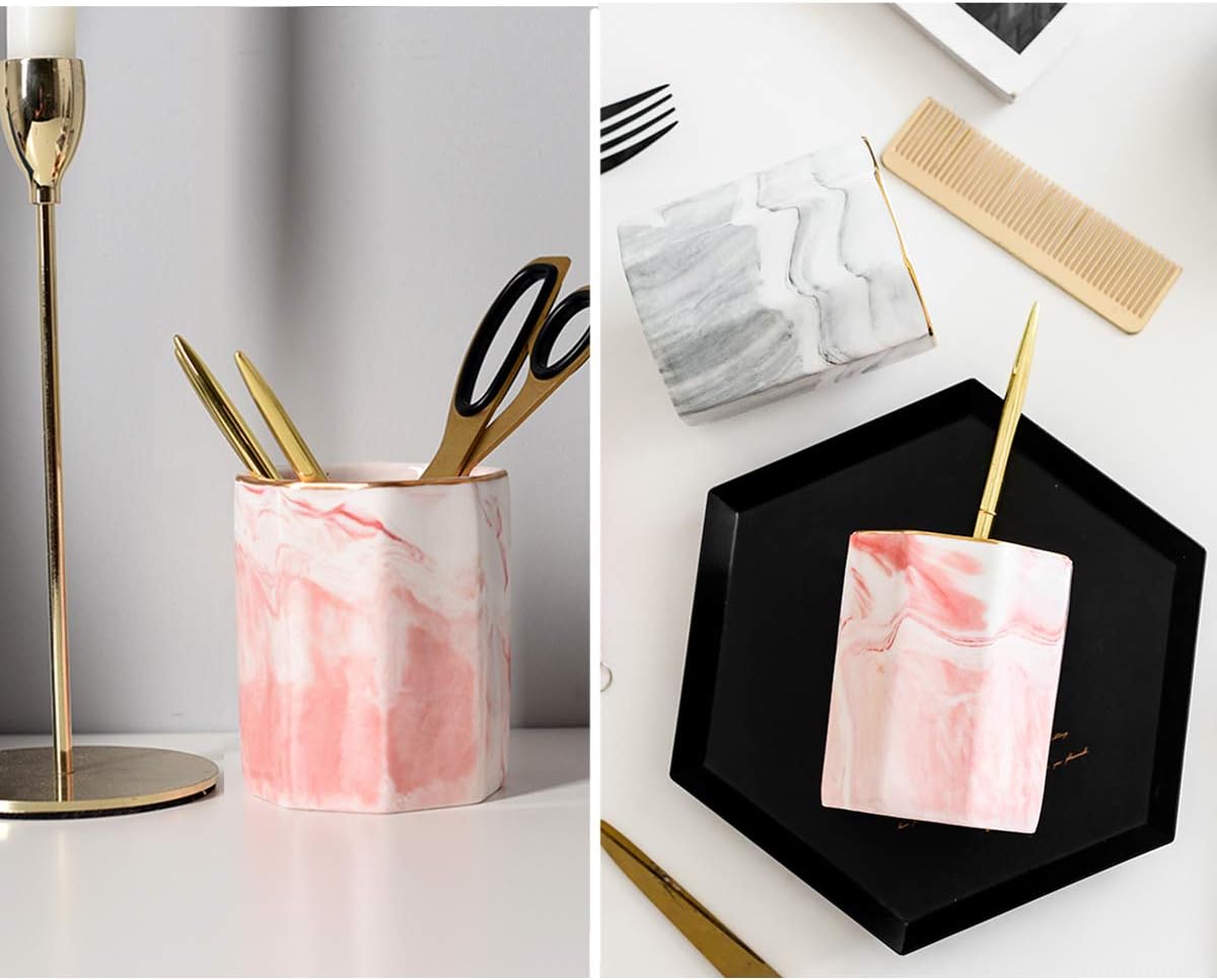 Pen Holder, Pencil Holder for Desk, Marble Desk Organizer Cute, Durable Ceramic Pencil Cup, Decorative Makeup Brush Holder Cup, Stationery Holder for Office, Home, Gray Marble