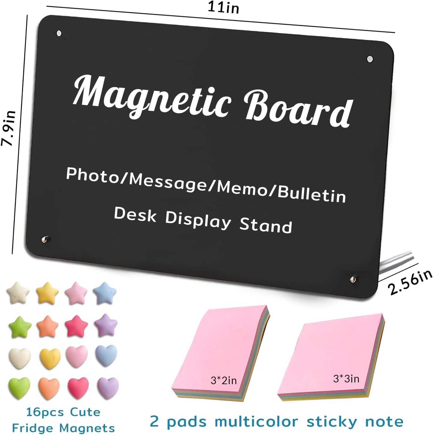 Desk Magnetic Message Board with Stand,11 x 7.9in Magnet Photo/Memo Display Board with Cute Fridge Magnets,Sticky Notes,for Home School Kitchen Office Desk Accessories (White)