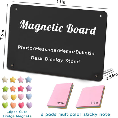 Desk Magnetic Message Board with Stand,11 x 7.9in Magnet Photo/Memo Display Board with Cute Fridge Magnets,Sticky Notes,for Home School Kitchen Office Desk Accessories (White)