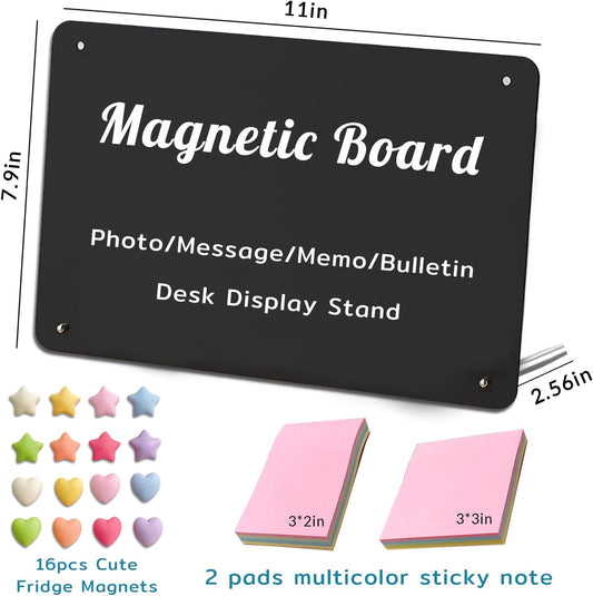 Desk Magnetic Message Board with Stand,11 x 7.9in Magnet Photo/Memo Display Board with Cute Fridge Magnets,Sticky Notes,for Home School Kitchen Office Desk Accessories (White)