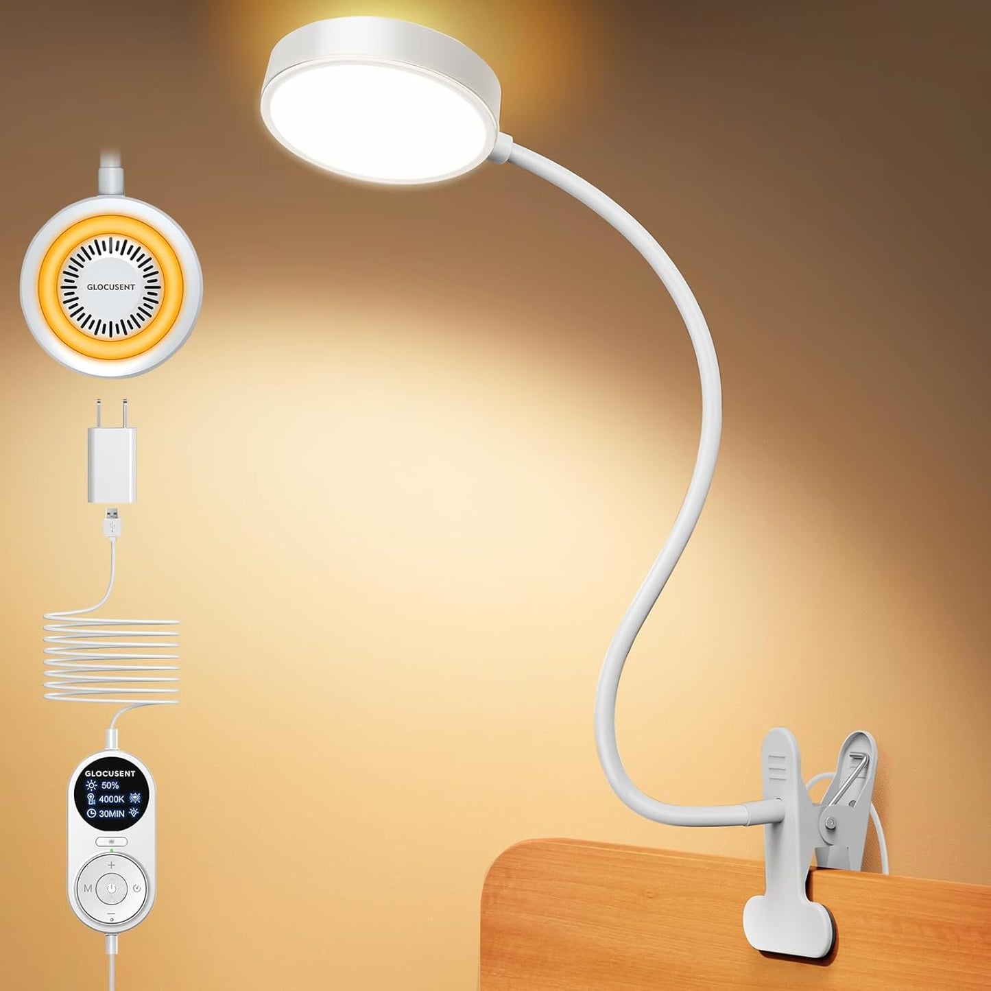 Glocusent 72 LED Clip on Lamp with Remote, Reading Light with Amber Ring, 3 Colors & 5 Dimmable Bed Lamp, 30/60-Min Auto Off Timer, Clamp Light for Headboard/Dorm/Bunk (Black)