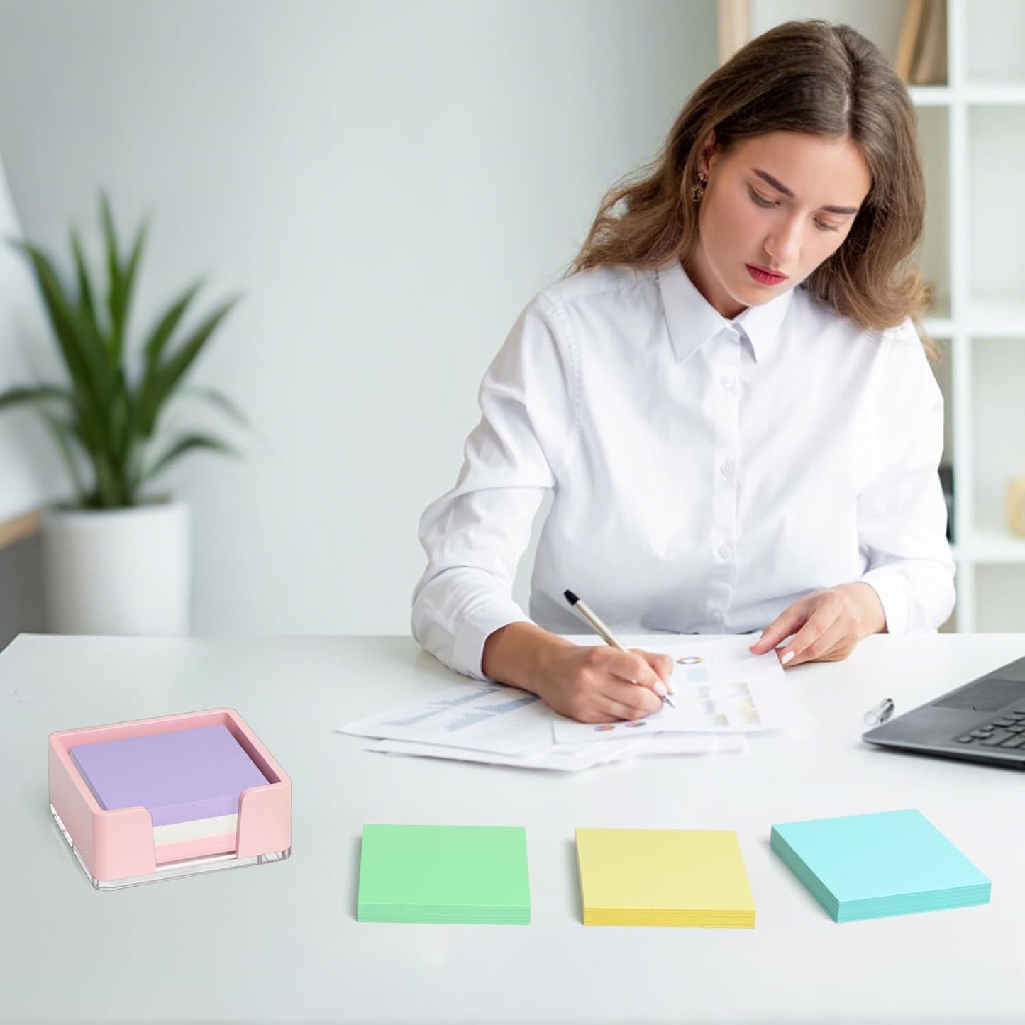 Sticky Note Holder, Glitter Pink Acrylic Notepad Holder 3x3 in Self-Stick Note Dispenser Office Desk Accessories, Memo Pad Holder Organizer for Classroom School Supplies
