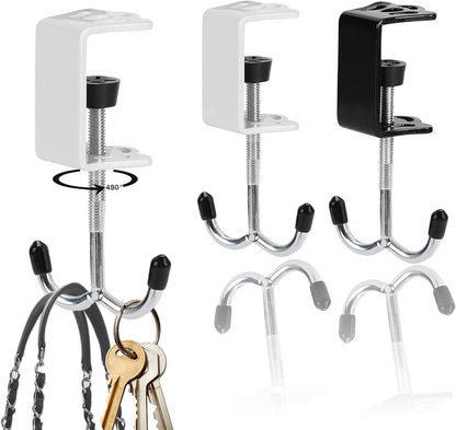 2Pcs Adjustable Purse Hooks for Table & Desk - 100lb Capacity Heavy-Duty Alloy Backpack Hanger, Multi-Use Purse Hanger for Handbag, Headphone, Umbrellas, Space-Saving Desk Organizer (Black & White)