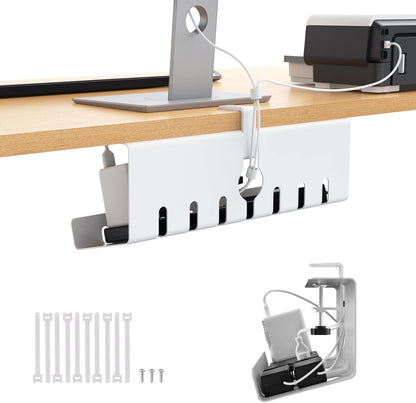 Syeeiex 17" Under Desk Cable Management Tray, No-Drill C-Clamp & Screw Mount, Heavy Duty Metal Cord Organizer with Cable Ties, for Office Home Workspace, Black