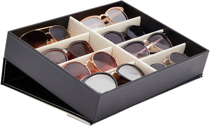 Juvale Glasses Case Organizer - 8-Slot, 12.6 x 9.8 x 2.5 in, Black Faux Leather - Sunglasses Storage & Holder for Nightstand & Desk - Flip-Top Display Case