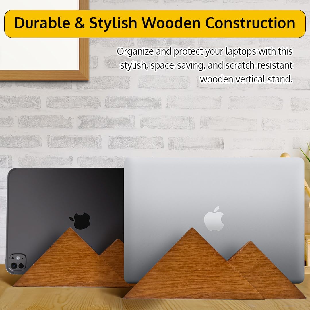 Dual Laptop Holder Vertical Stand 2 Slots Wooden - Dark Brown (Walnut Color) - Vertical Holder for Desk, MacBook Pro & Air, Desktop Organizer Made of Natural Wood, Adjustable Stand for Notebooks