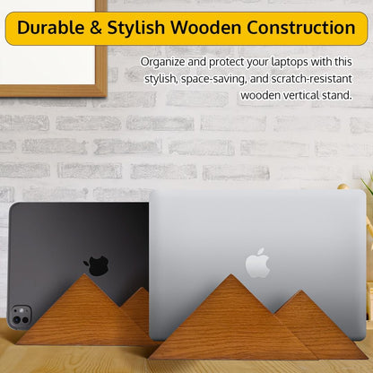 Dual Laptop Holder Vertical Stand 2 Slots Wooden - Dark Brown (Walnut Color) - Vertical Holder for Desk, MacBook Pro & Air, Desktop Organizer Made of Natural Wood, Adjustable Stand for Notebooks