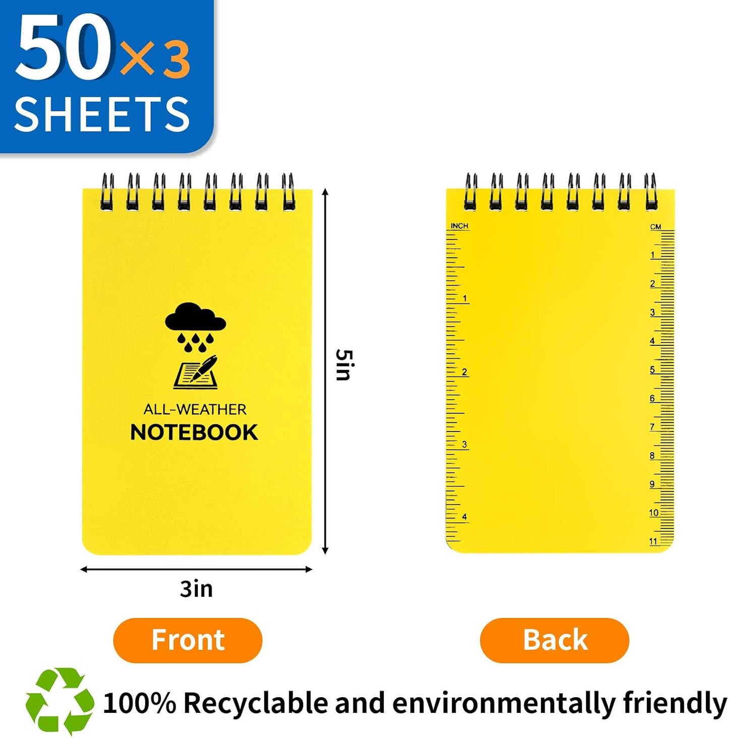 COIDEA 3 Pack Waterproof Notebook, 3 x 5 Pocket Notepad, All Weather Small Pocket Notebook Paper, Mini Spiral Notepad Police Notepad 100 Lined Pages for Outdoor Office