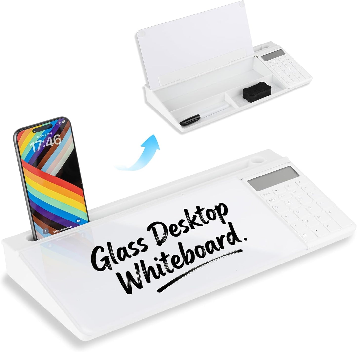 Glass Desktop Whiteboard 15.8×7”, Dry Erase Note Memo Board, Desk Organizer with Storage for Office, Home, Study, Black