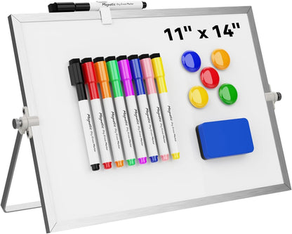 Dry Erase White Board, Cazeyoo Magnetic Desktop Whiteboard 16 x 12inch with Stand, 10 Markers, 4 Magnets and 1 Eraser, Portable Double-Sided White Board for Kids Drawing, Office, Home, School