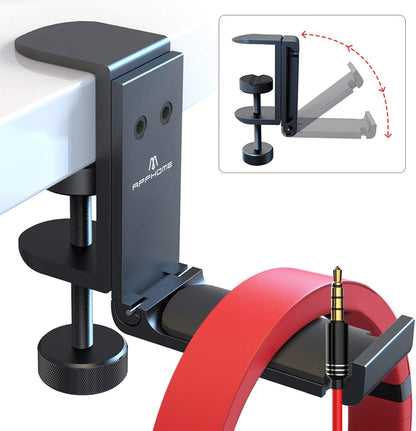 Foldable Headphone Stand Under Desk, Metal Headset Holder Hook for Desk with Cable Organizer, Space-Saving Desk Bag Hook & Backpack Hanger for Gaming Office, Universal Fit, Black