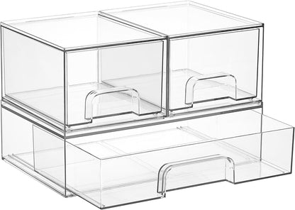 Vtopmart Stackable Storage Drawers Set of 3,Clear Plastic Organizer Bins for Makeup, Cosmetics, Beauty Supplies,Ideal for Vanity, Bathroom,Cabinet,Pantry Organization