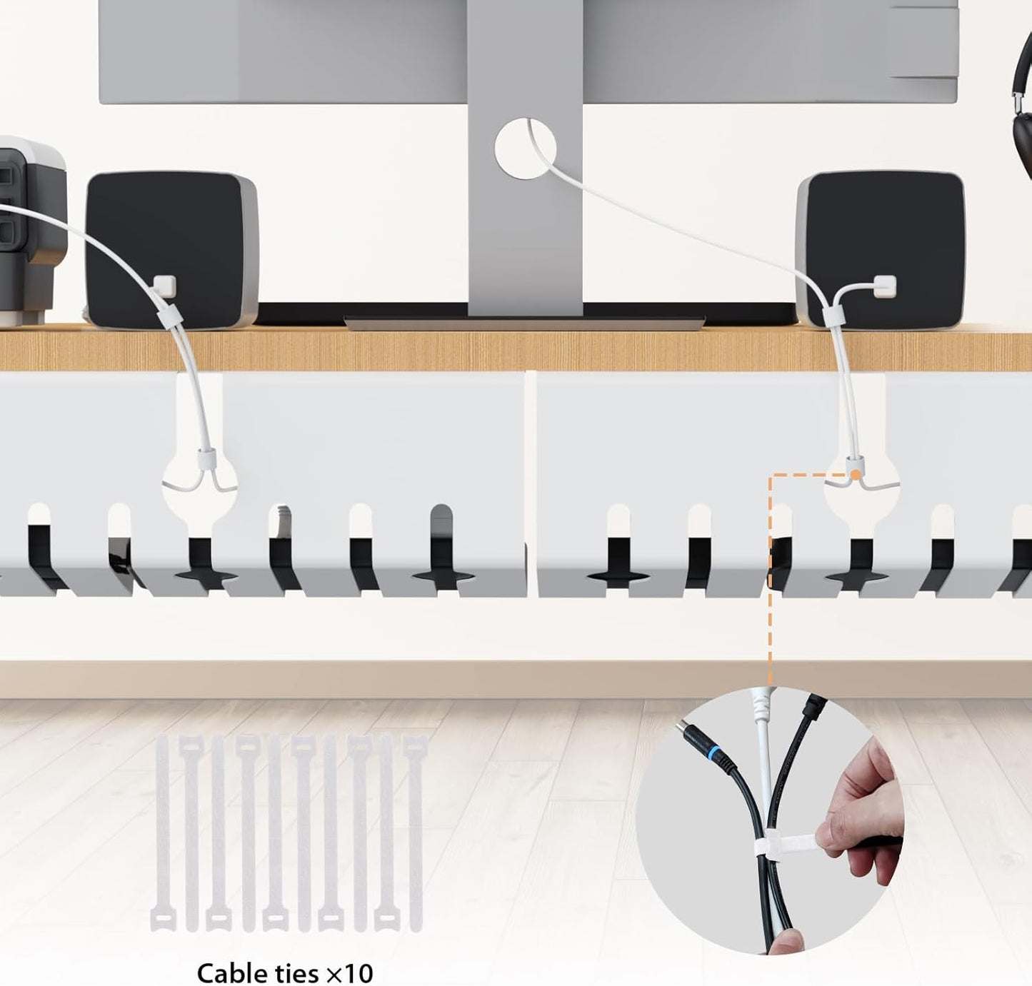 Syeeiex 17" Under Desk Cable Management Tray, No-Drill C-Clamp & Screw Mount, Heavy Duty Metal Cord Organizer with Cable Ties, for Office Home Workspace, Black
