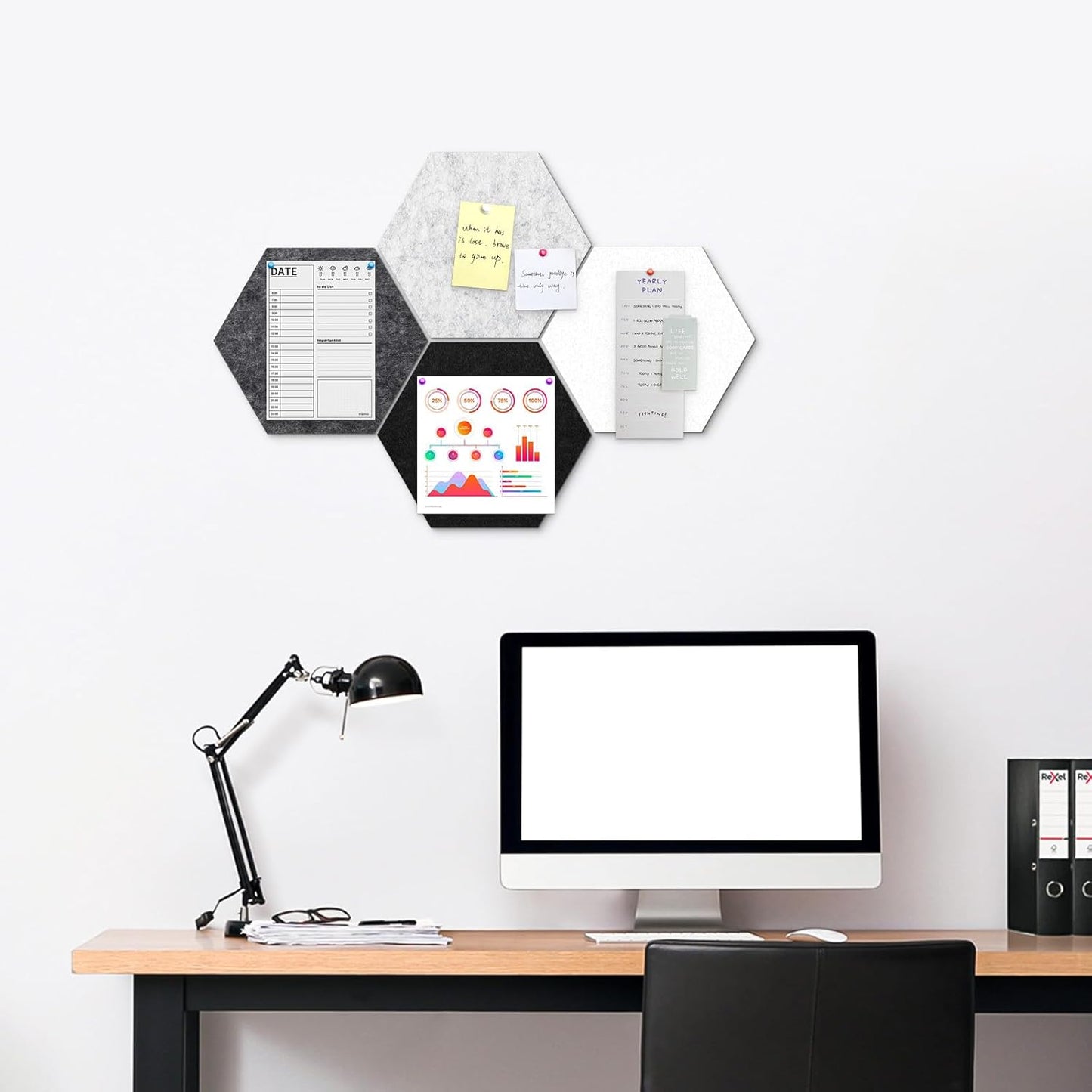 8 Pack Hexagon Felt Bulletin Board Tiles - 12" Large Thick Pin Board for Walls with 30 Push Pins, DIY Boards for Office Home School Decor, Aesthetic Hex Cork Board Alternative