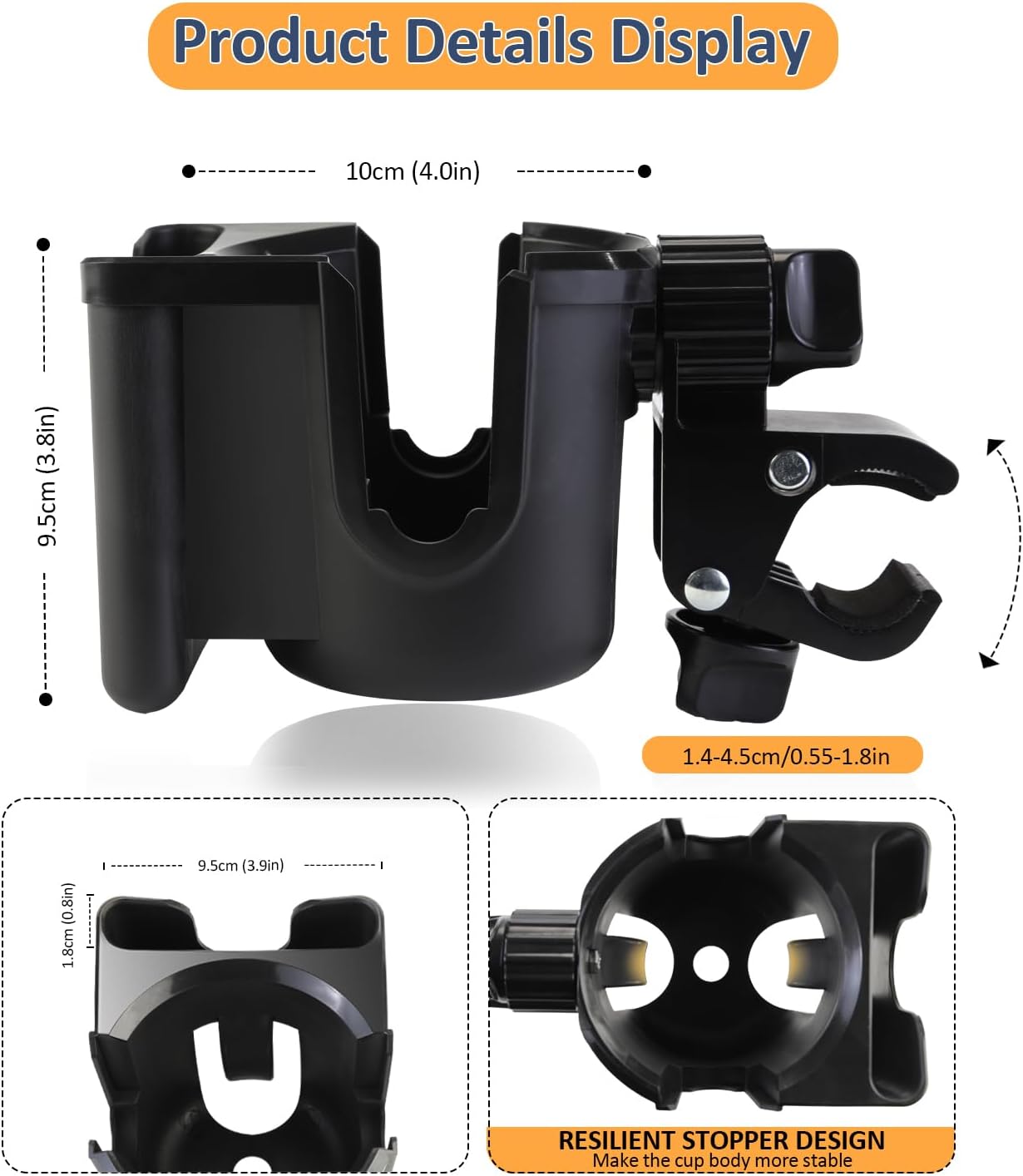 Universal Stroller Cup Holder with Phone Holder, 360°Rotatable Bottle Holder with Strong Clip, Accessories for Stroller, Bike, Wheelchair, Walker, Scooter (UM-SCH-B2409, Large)