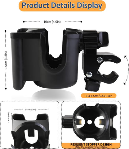 Universal Stroller Cup Holder with Phone Holder, 360°Rotatable Bottle Holder with Strong Clip, Accessories for Stroller, Bike, Wheelchair, Walker, Scooter (UM-SCH-B2409, Large)