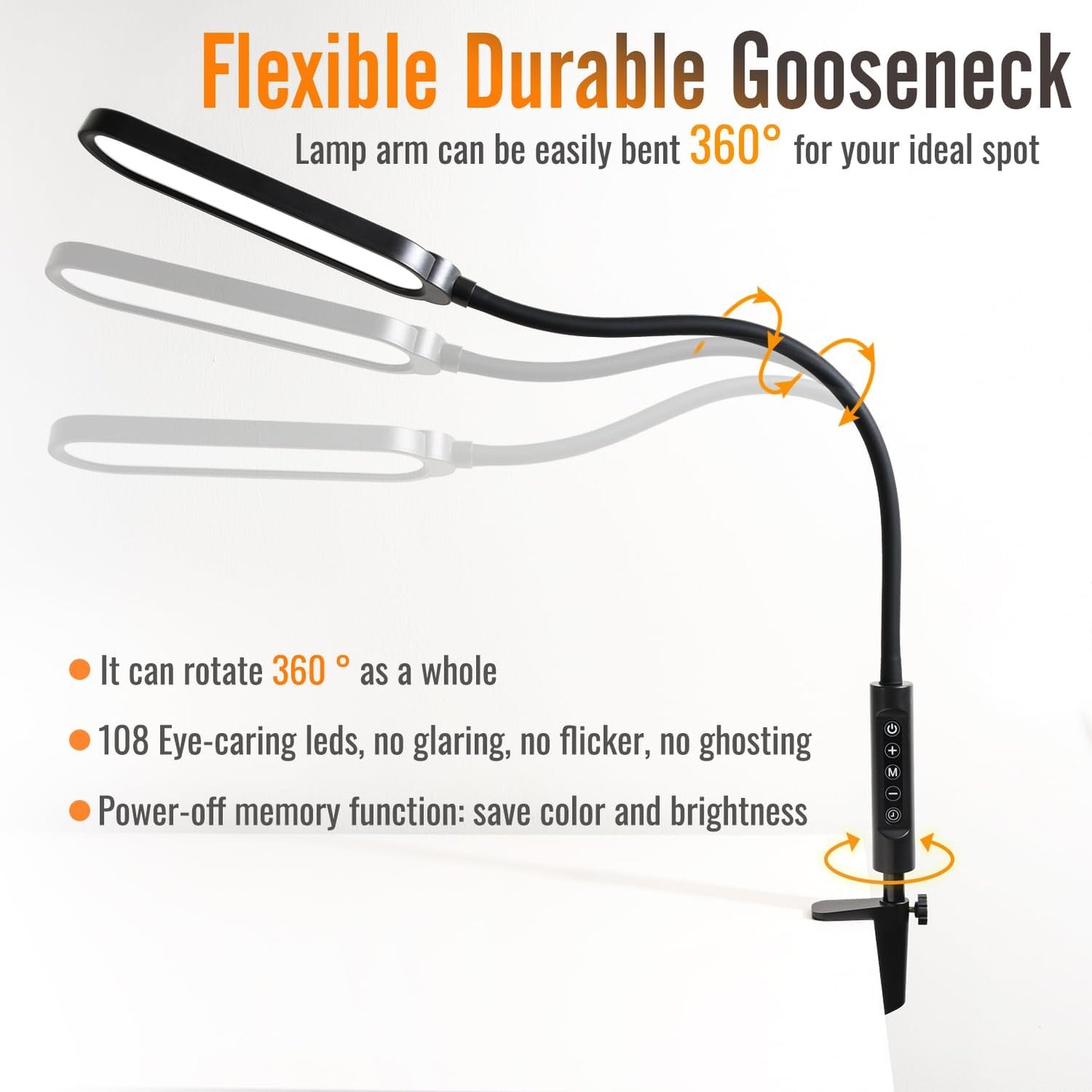 LED Desk Lamp with Clamp, Clamp Light, Tall Desk Lamp with Long Gooseneck, 11W, 850 LMS, 3 Color Modes, 10 Brightness Levels, Eye-Caring, Clip on Desk Light for Reading, Home, Office