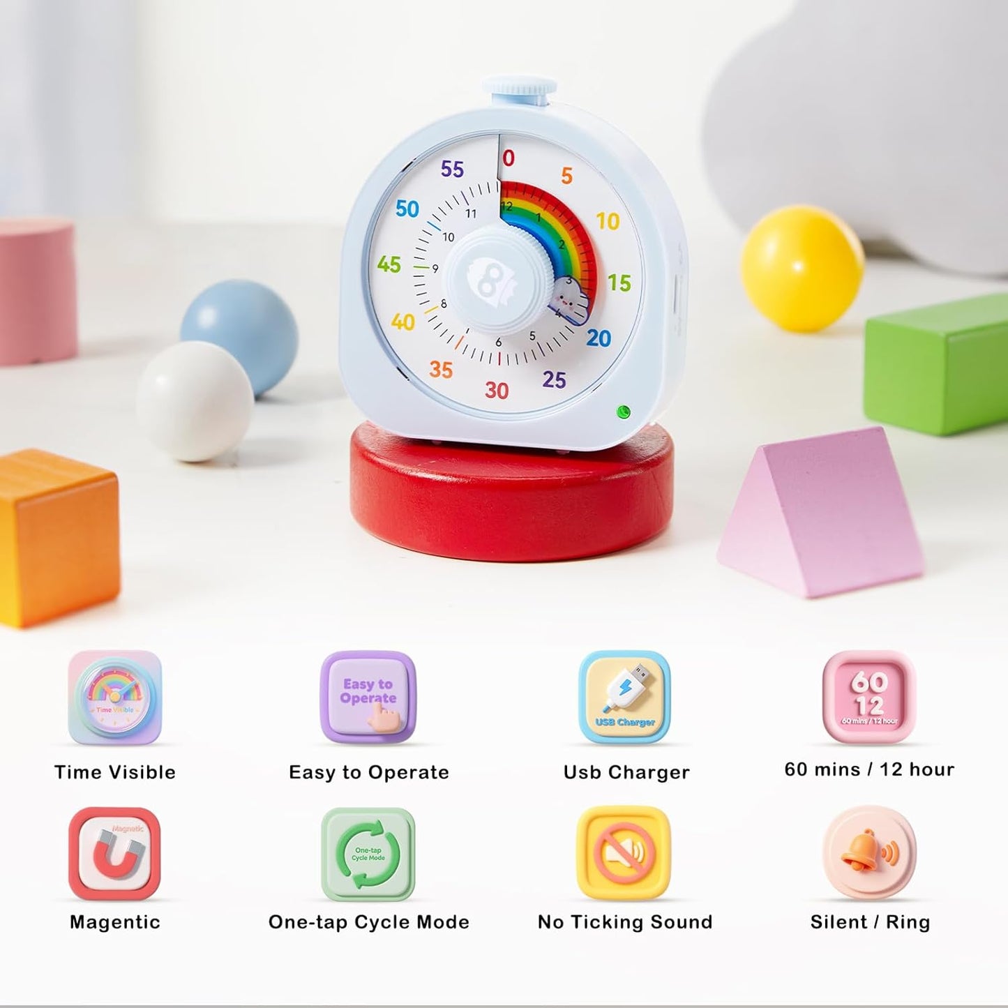 Visual Timer for Kids and Adults 60 Min/12 Hour Rechargeable Countdown Timer with Magnetic Sticker and Mute Function Kids Pomodoro Timers for Classroom Office Kitchen Silent Operation & Rainbow Disk