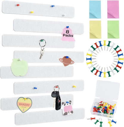 Vuzvuv 8 pcs Bulletin Board Bar Strips with 50 Pushpins & 10 Wooden Clip pins，Self Adhesive Cork Board for Wall，Felt Pin Board for School，Office Decor（Black White Grey）