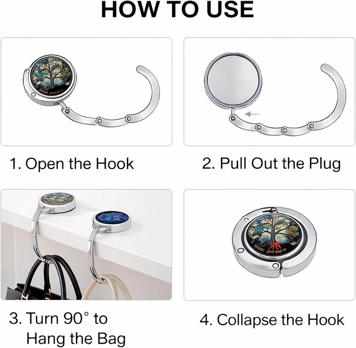 Portable Purse Hook for Table, Foldable Purse Hanger for Table Edge with Non-Slip Rubber Base, Magnetic Closure, 3-Pack Handbag Hook Set, Family Tree Designs for Restaurant Office Travel