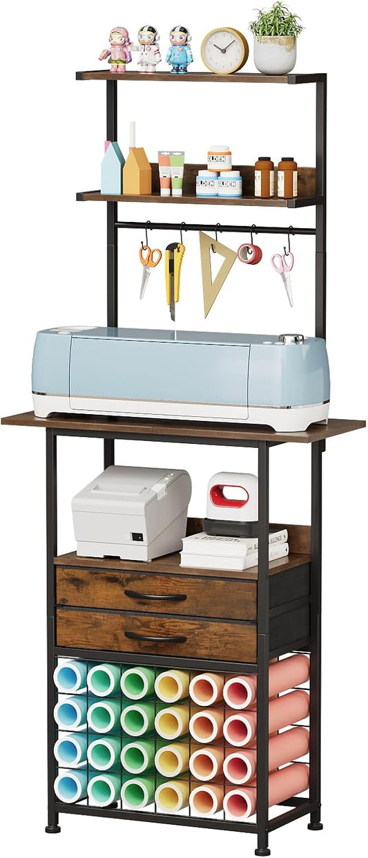 VENNQD Stand Compatible with Cricut Maker and Cricut Explore Air Series Craft Organizers and Storage with 2 Fabric Drawer and Shelves Crafting Table with Vinyl Roll Holder Workstation, White