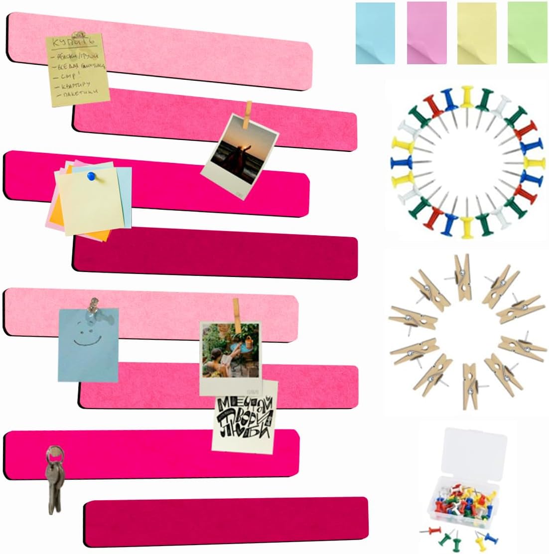 Vuzvuv 8 pcs Bulletin Board Bar Strips with 50 Pushpins & 10 Wooden Clip pins，Self Adhesive Cork Board for Wall，Felt Pin Board for School，Office Decor（Black White Grey）