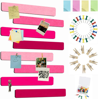 Vuzvuv 8 pcs Bulletin Board Bar Strips with 50 Pushpins & 10 Wooden Clip pins，Self Adhesive Cork Board for Wall，Felt Pin Board for School，Office Decor（Black White Grey）