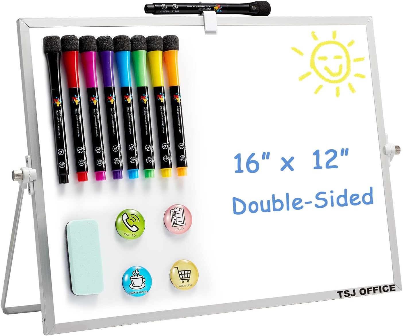 TSJ OFFICE Small White Board - 12 X 16 Inches Small Magnetic Dry Erase Board with Hooks for Wall, Desktop Whiteboard Stand 360 Degrees Revolving Double Sided for Office, Home, School, Silver