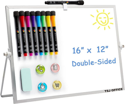 TSJ OFFICE Small White Board - 12 X 16 Inches Small Magnetic Dry Erase Board with Hooks for Wall, Desktop Whiteboard Stand 360 Degrees Revolving Double Sided for Office, Home, School, Silver