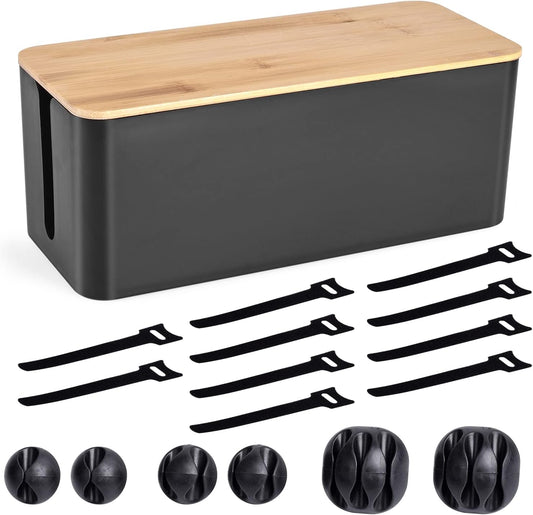 Cable Management Box - Wooden Style Large Cord Organizer to Hide Wires & Power Strips | Desk Computer Cable Organizer | Safe ABS Material | 16" (L) x 6.2" (W) 5.3" (H) | for Home & Office - Black