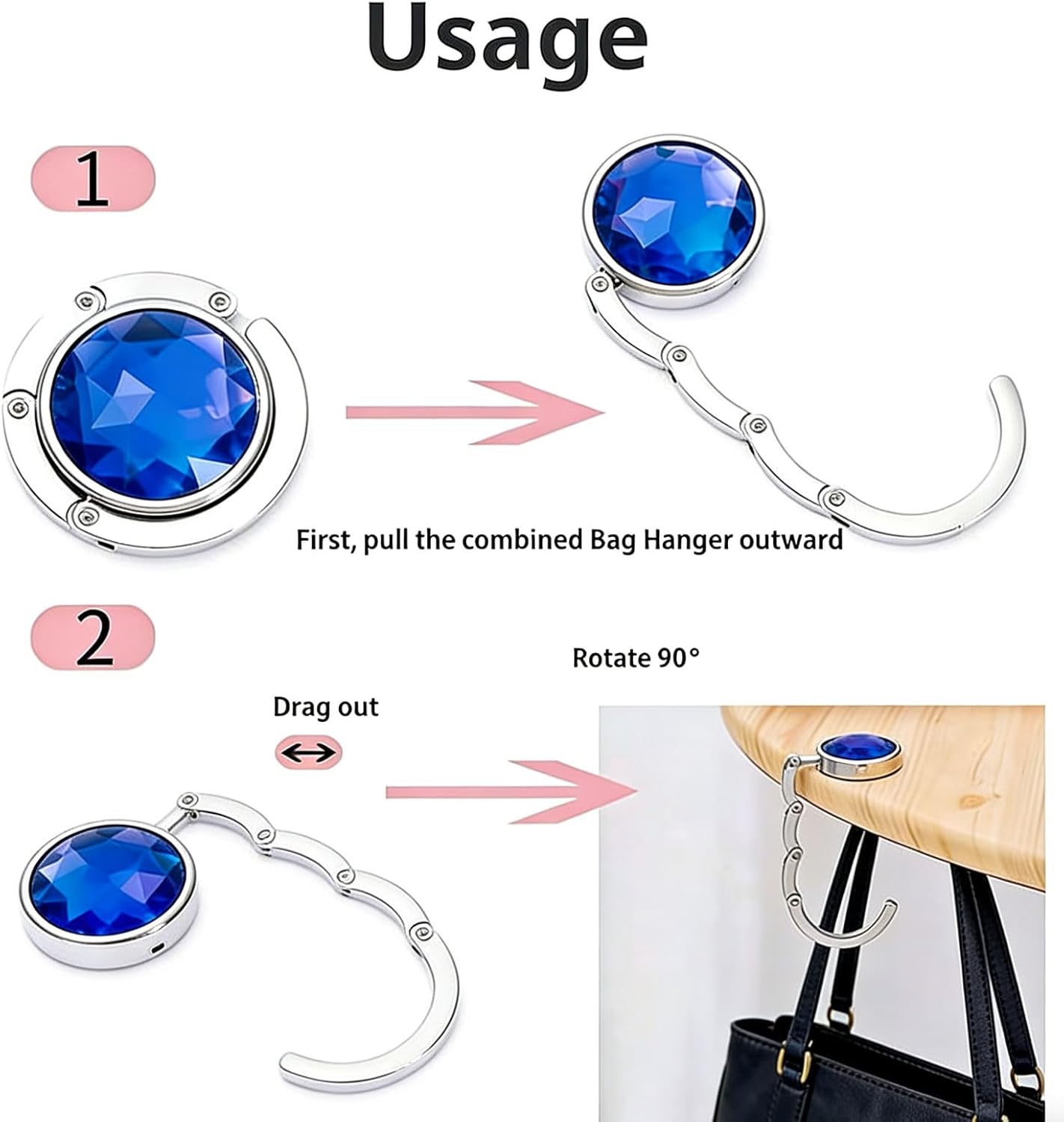 6 PCS Crystal Handbag Hooks for Tables, Portable Folding Purse Hanger, Non-Slip Bag Holder for Restaurant Office Home, Magnetic Closure, Alloy Metal, Easy to Carry